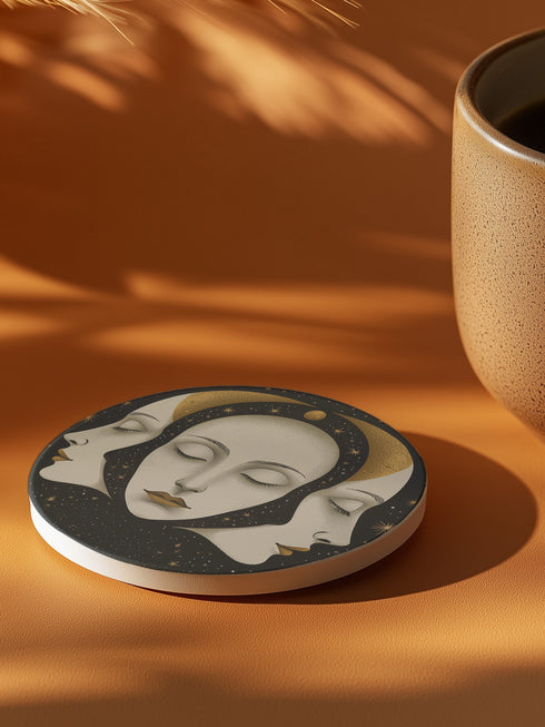 Circular ceramic coaster with a black, star-speckled background. Three white faces are depicted: a central face looking forward and two profiles on either side, all with closed eyes. A golden crescent moon arches over the central face. The coaster has a white rim indicating a cork backing and is 4.04 inches in diameter.